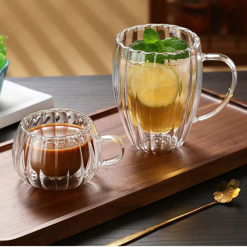 [homeeee] Ribbed Double-Wall Glass Coffee Mug - Heat Resistant
