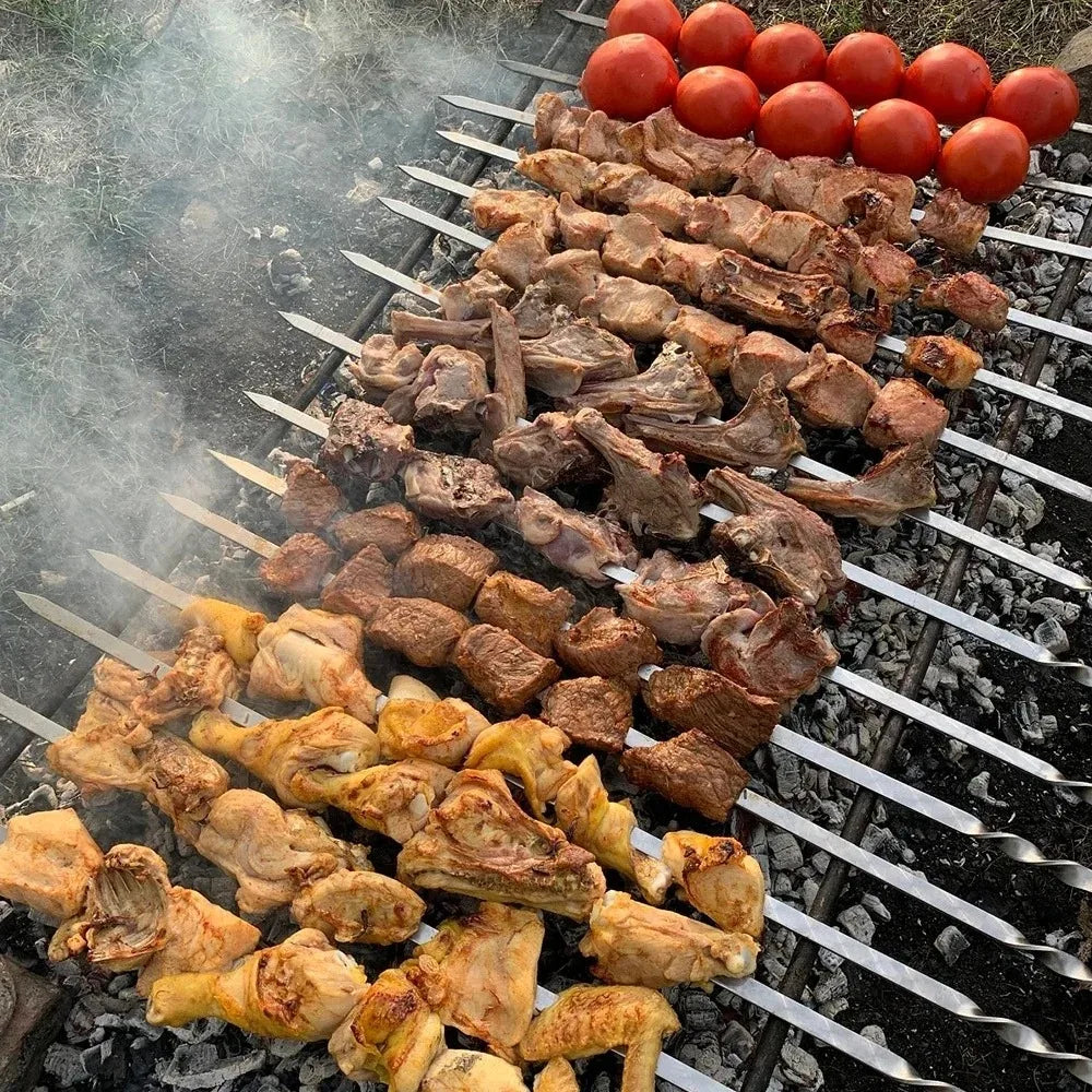50cm 6Pcs BBQ Skewer Stainless Steel Wide Barbecue Sticks Flat BBQ Fork Outdoor Camping Picnic BBQ Utensil Kitchen Accessories