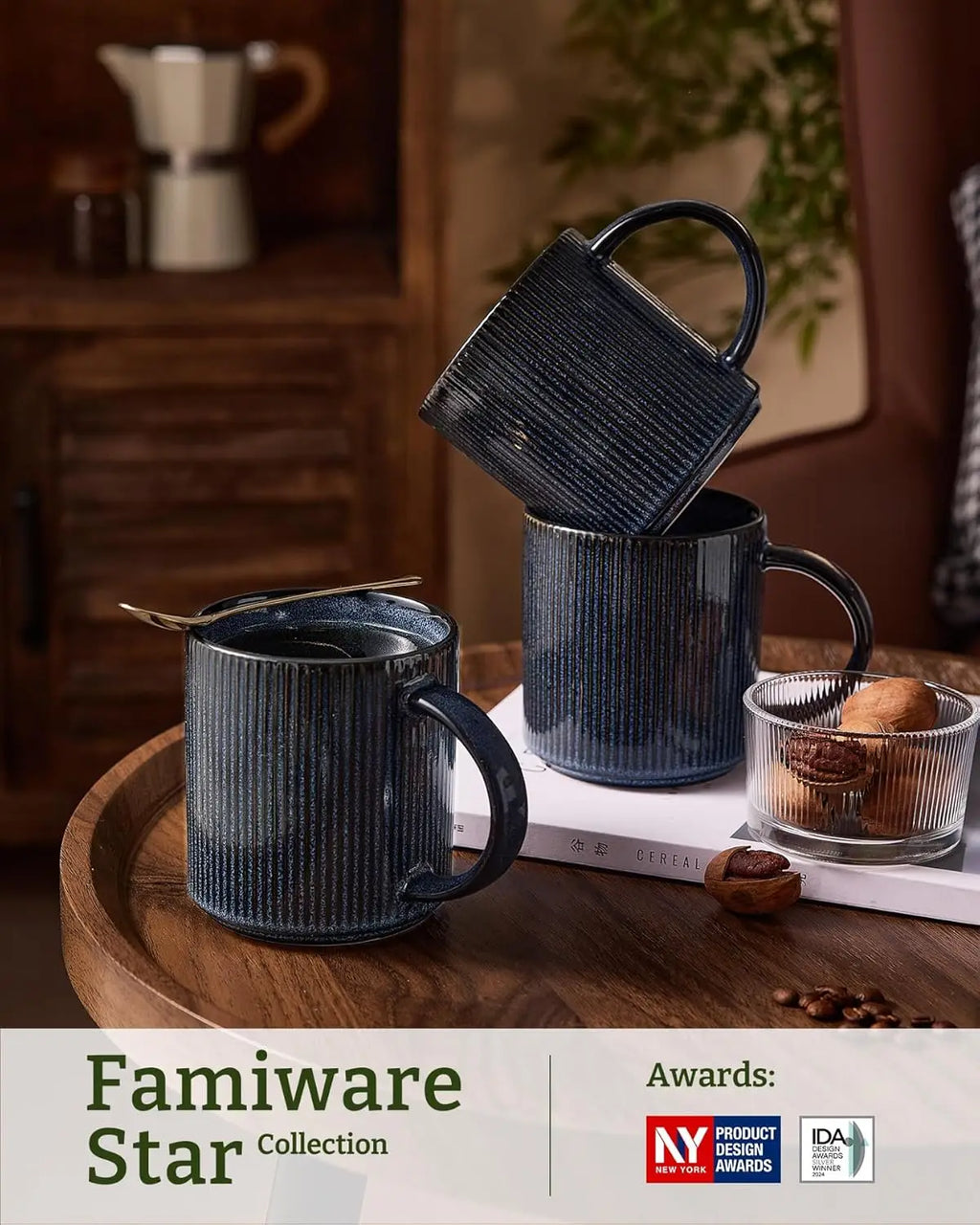 Coffee Mug Set for 6, Star 16 oz Catering Mugs Cup Set with Handle for Coffee, Tea, Cocoa, Milk - Ceramic Stoneware Drinkware Se