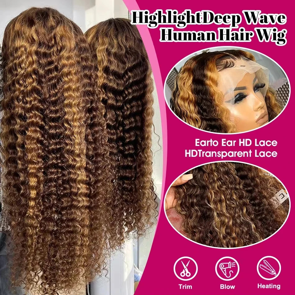 40 Inch Highlight Wig Human Hair 13X6 Hd Lace Frontal Wigs 200 Density Deep Wave Lace Front Wigs Curly Human Hair Wig For Women