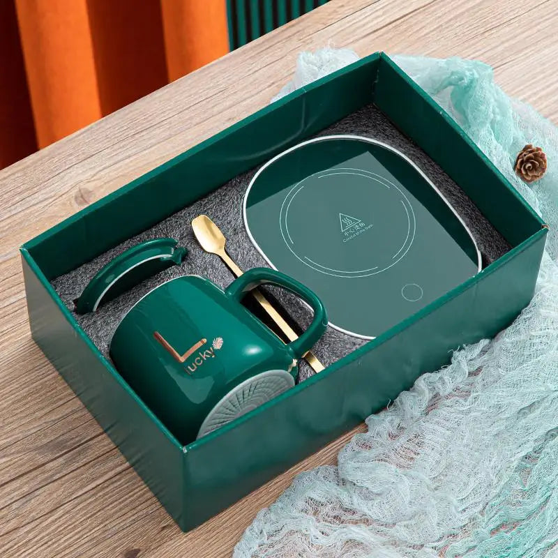 1 Set With Stainless Steel Spoon Gift Kit For Travel Office Gift 55℃ Thermal Ceramic Mug Portable USB Rechargeable Heating Cup