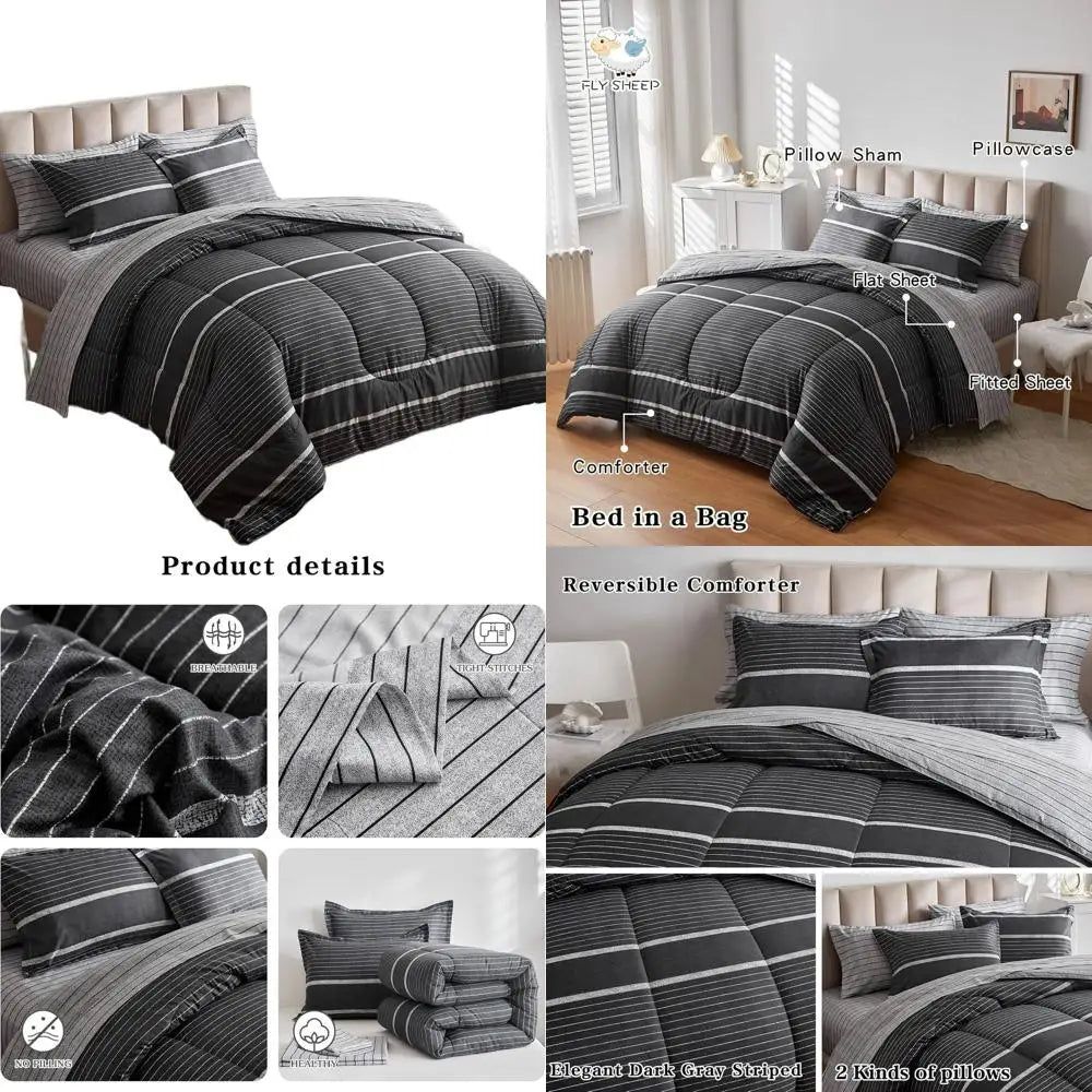 7-Piece Bohemian Striped Queen Bedding Set: White on Dark Gray Comforter with Sheets and Pillowcases
