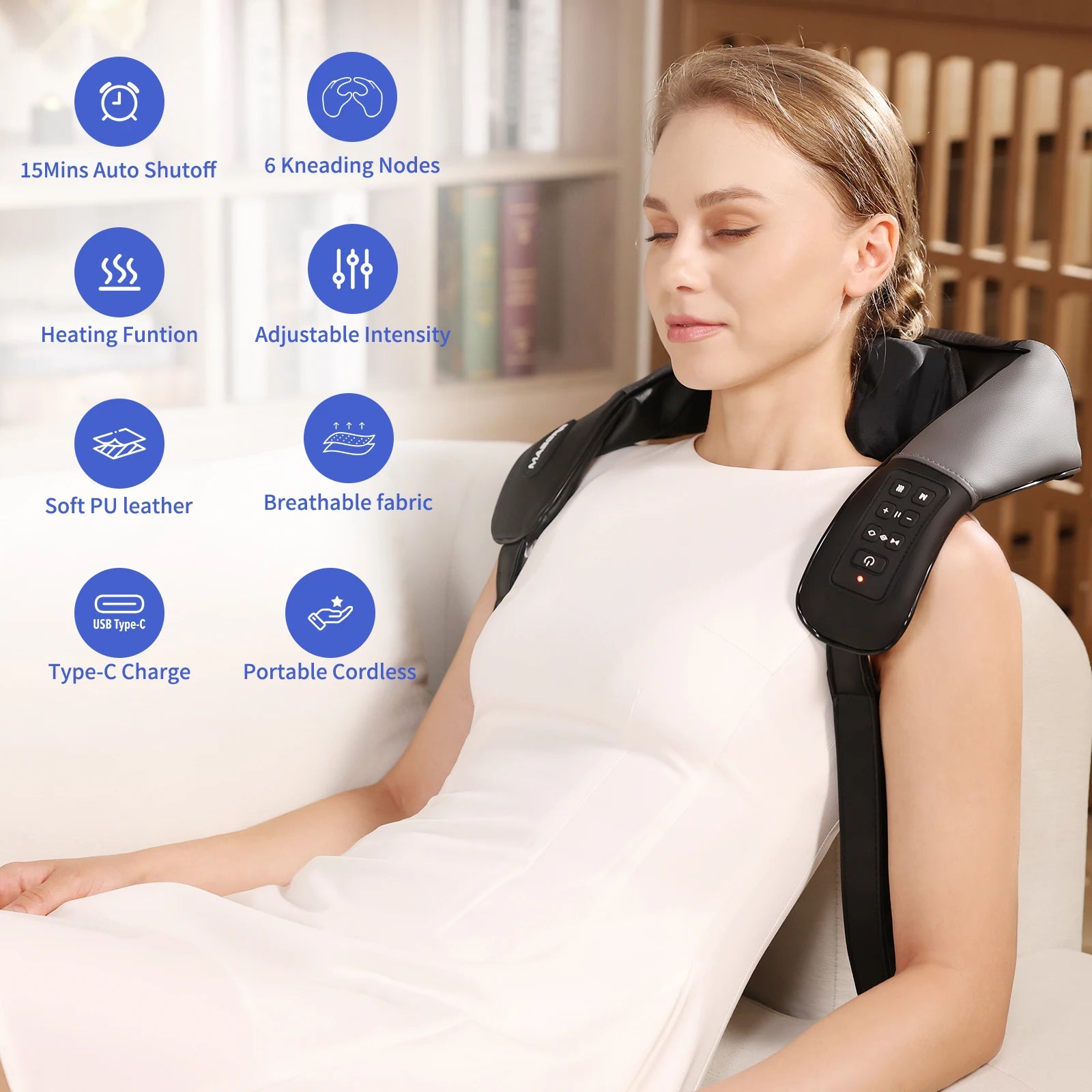 Masgre Upgarded Adjustable Width Electric Deep Tissue 4D Kneading Massage Cordless Neck Massager with Heat Gifts for Mom Dad