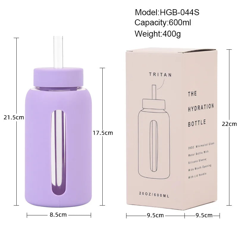600ml Large Capacity Single-layer Glass Water Bottle with Silicone Sleeve,Time Scale And Straw,Drinkware,Portable Outdoor Cup