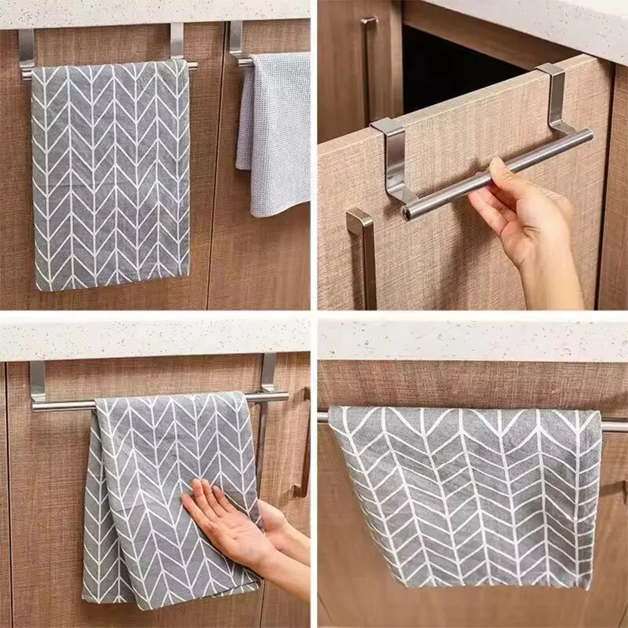 1pc Towel Rod Steel Metal Wire Over Cabinet Towel Rack Storage Organizer Bathroom Door Hanging Towel Rack Punch-free Rag Hanger