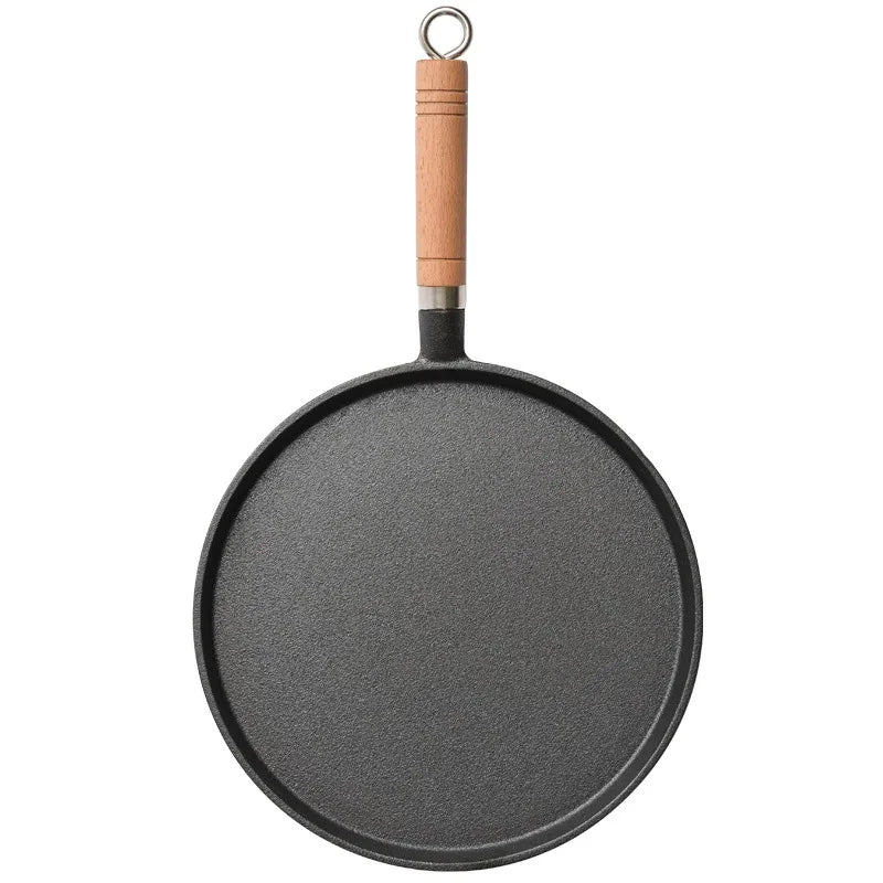 JUSTINLAU Cast iron Frying Pan Uncoated Flat-bottomed Pan Nonstick Steak Pancake Barbecue Baking Pan with Anti-scald Wood Handle