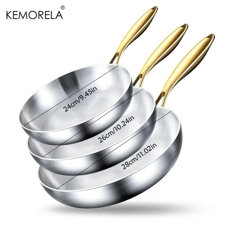 3PCS/Set 316 Stainless Steel Gold Handle Frying Pan 2MM Thick Wok Pan 5 Ply Steel Food Grade Safety Non-Stick PansMultiple Sizes