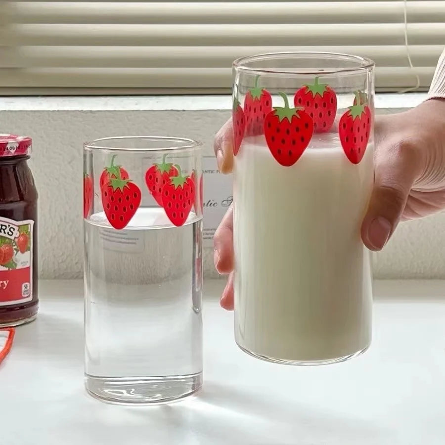360ml Strawberry Cute Glass Cup With Straw Creative Transparent Water Cup Student Milk Heat Resistant Glass Nana