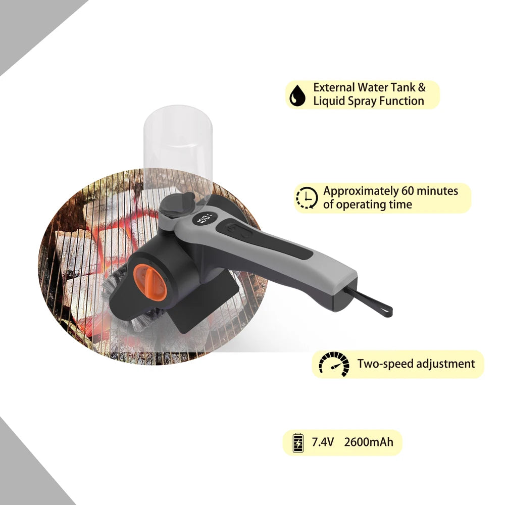 Cordless Electric Grill Brush, Stainless Steel Brush Head Removable, 2-Speed Power Rechargeable for BBQ Grates Kitchen Stove