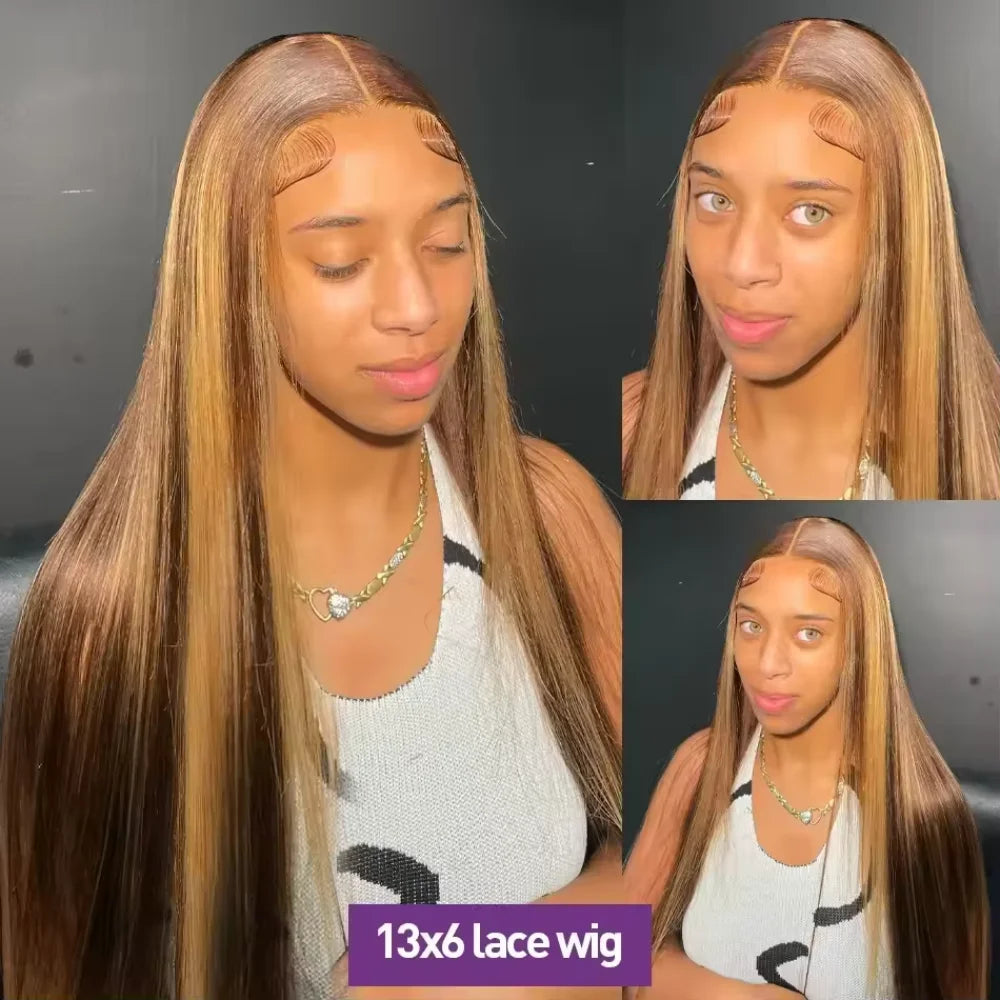 P4/27 Highlight Bone Straight Wigs Human Hair 13x6 HD Lace Frontal Wig Brazilian Honey Blonde Colored Human Hair Wigs