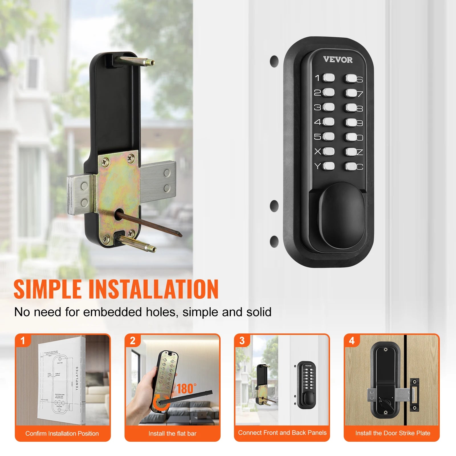 SucceBuy Mechanical Keyless Entry Door Lock 14 Digit Keypad Outdoor Gate Door Locks Set with Surface-mounted Latch Door Lock