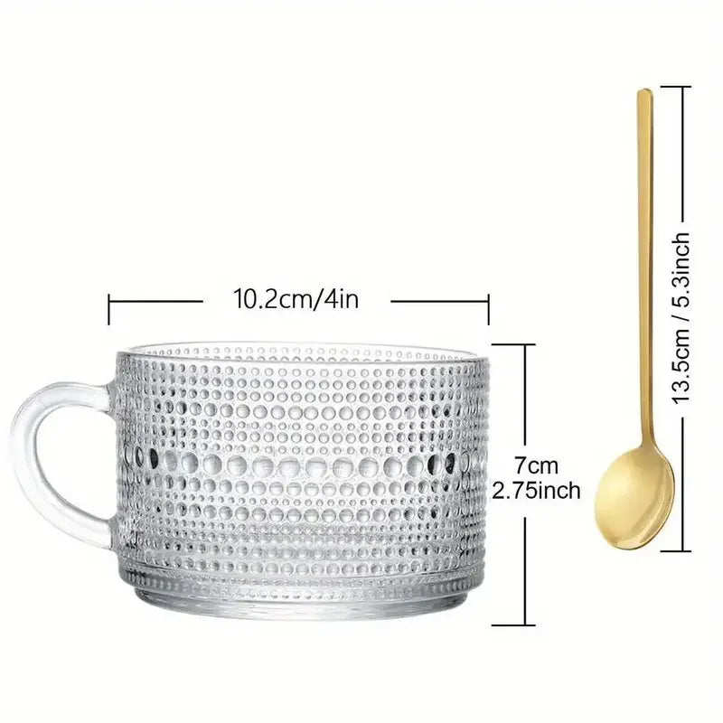 4pcs/Set Vintage Coffee Mugs Containers with Bamboo Lids and Spoons 14oz Clear Embossed Glass Cups for Birthday Christmas Party