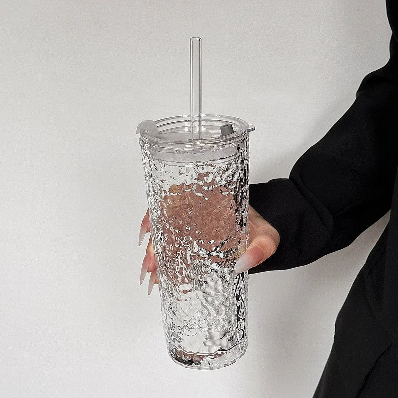 NEW Large-capacity glass cup, high appearance value, straw cup, with lid, suitable for iced Americano, latte, and juice