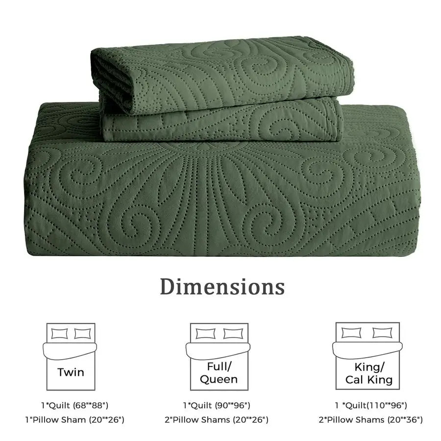 King Cal King Quilt Set Olive Green,Ultrasonic Embossed Bedspread, Lightweight Microfiber Coverlet, Modern Thin Bedding Set for