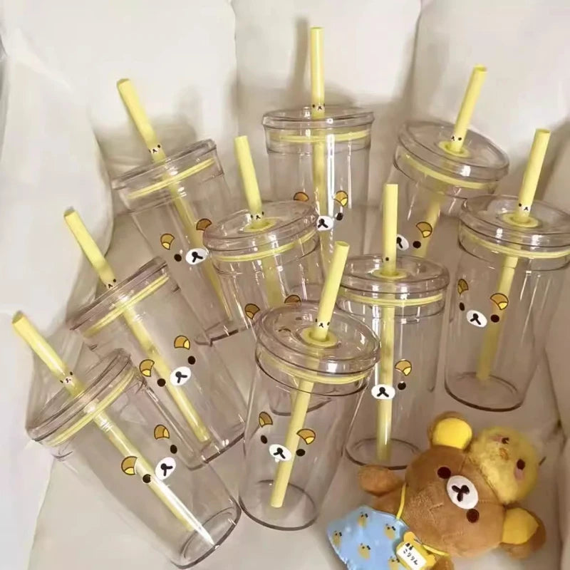 Rilakkuma Straw Cup Large Capacity Transparent Double Layer Cute Cartoon Cold Drinks Water Bottle Portable for Girls