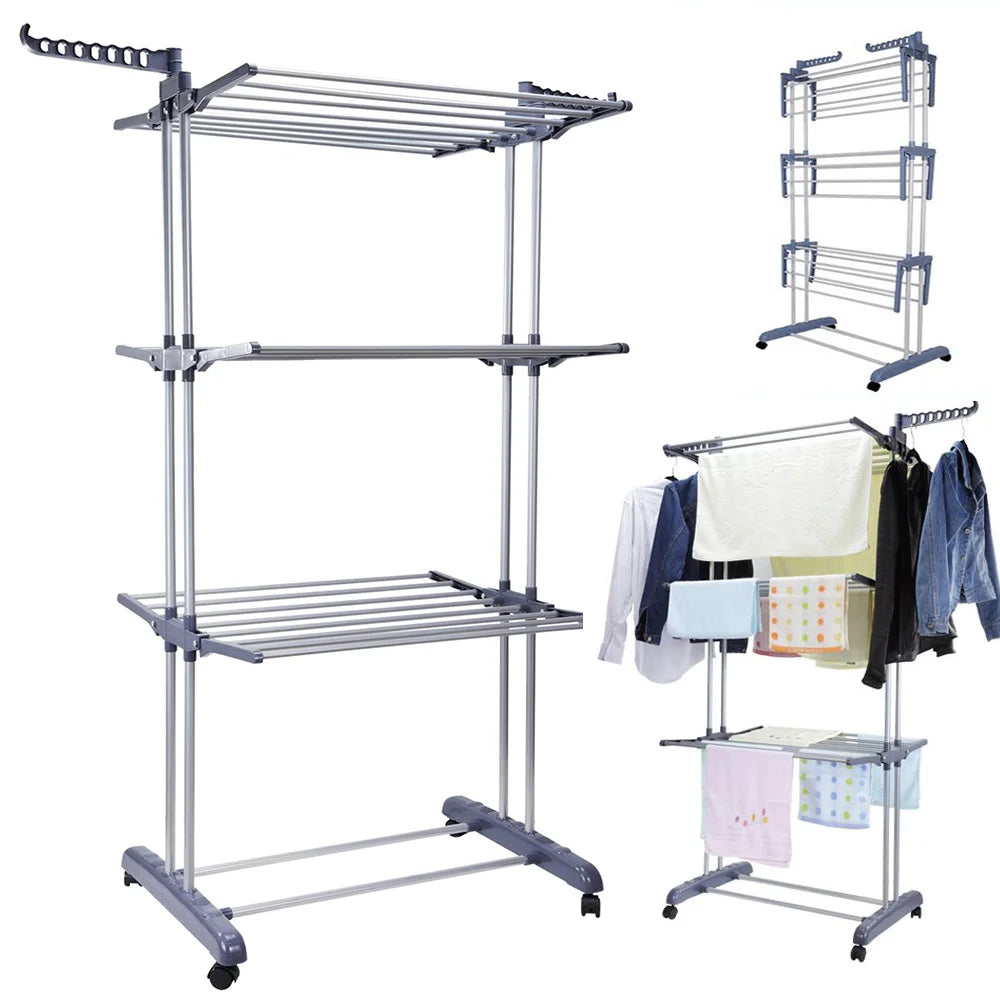 Clothes Drying Rack Stand 4-Tier Foldable Stainless Steel Movable Clothing Airer Multifunctional Laundry Coat Rack Household
