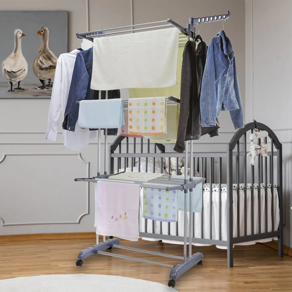 Clothes Drying Rack Stand 4-Tier Foldable Stainless Steel Movable Clothing Airer Multifunctional Laundry Coat Rack Household