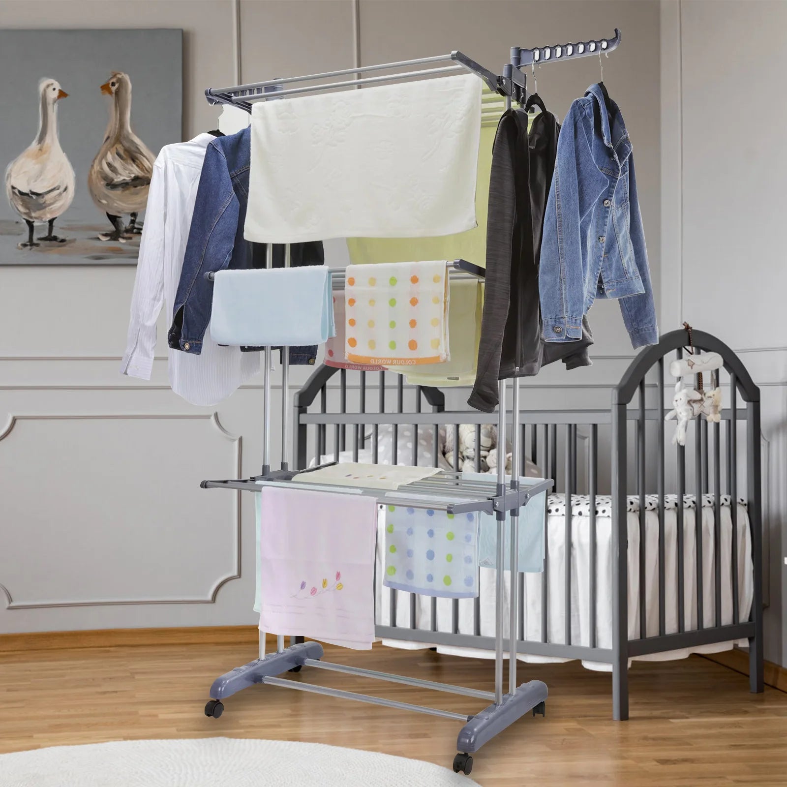 Clothes Drying Rack Stand 4-Tier Foldable Stainless Steel Movable Clothing Airer Multifunctional Laundry Coat Rack Household