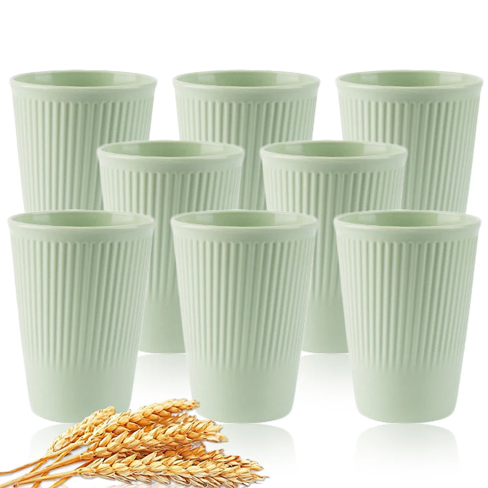 8Pcs Wheat Straw Stripe Couple Water Cups Multi-Functional Milk Coffee Mug Household Plastic Mouthwash Cup Drinking Accessories