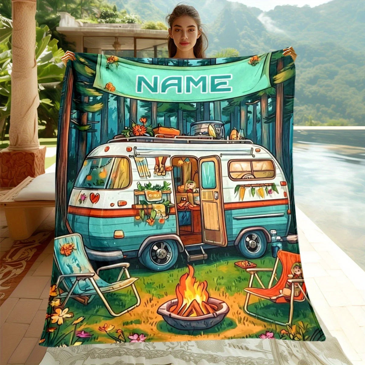 Personalized Vintage Camper Van Blanket Custom Name Cozy Flannel All-Season Bedspread Suitable for Sofa, Bed, Camping & Travel