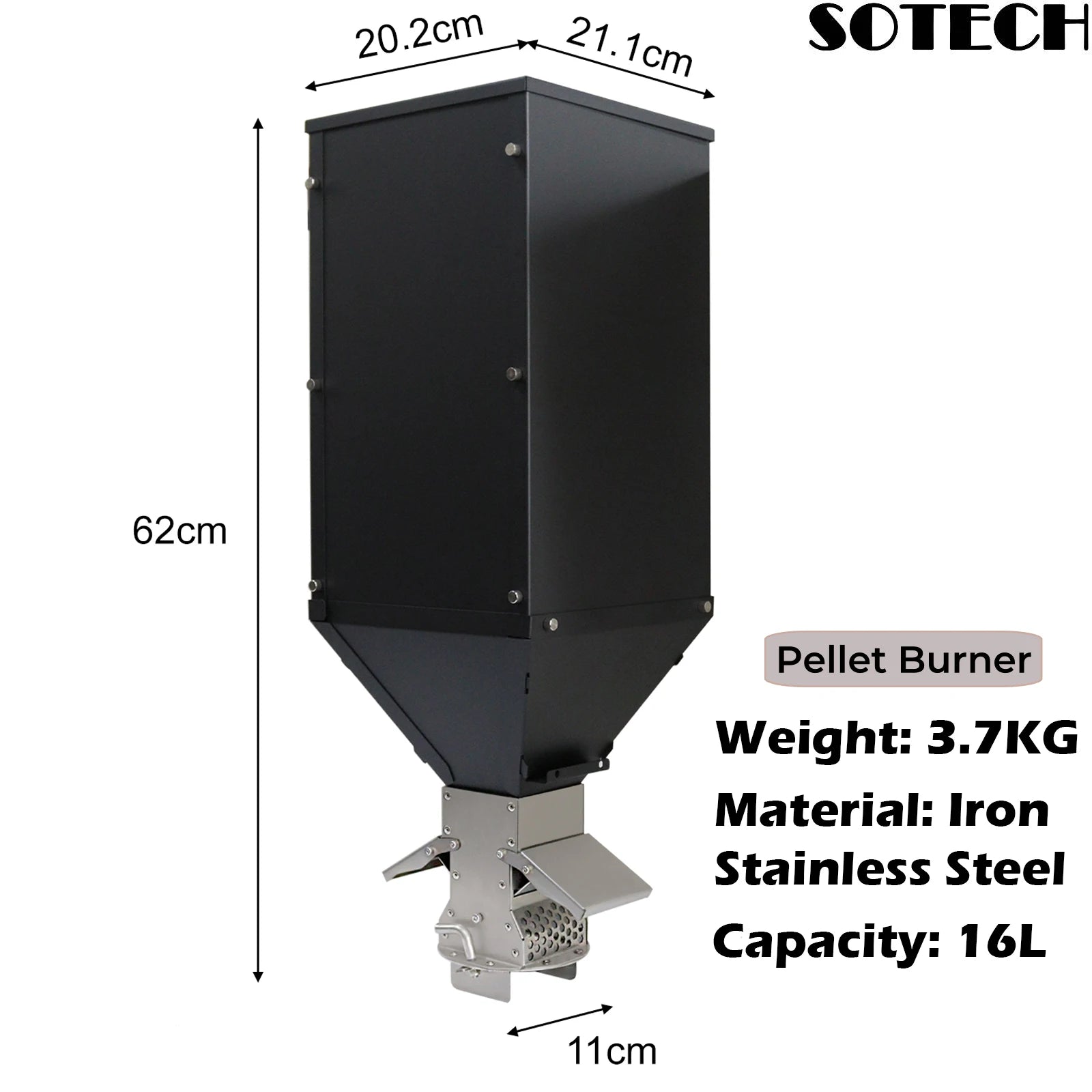 Stainless Steel Pellet Hopper Gravity Feed Fuel Storage for Pellet Stove Burner Outdoor Heater