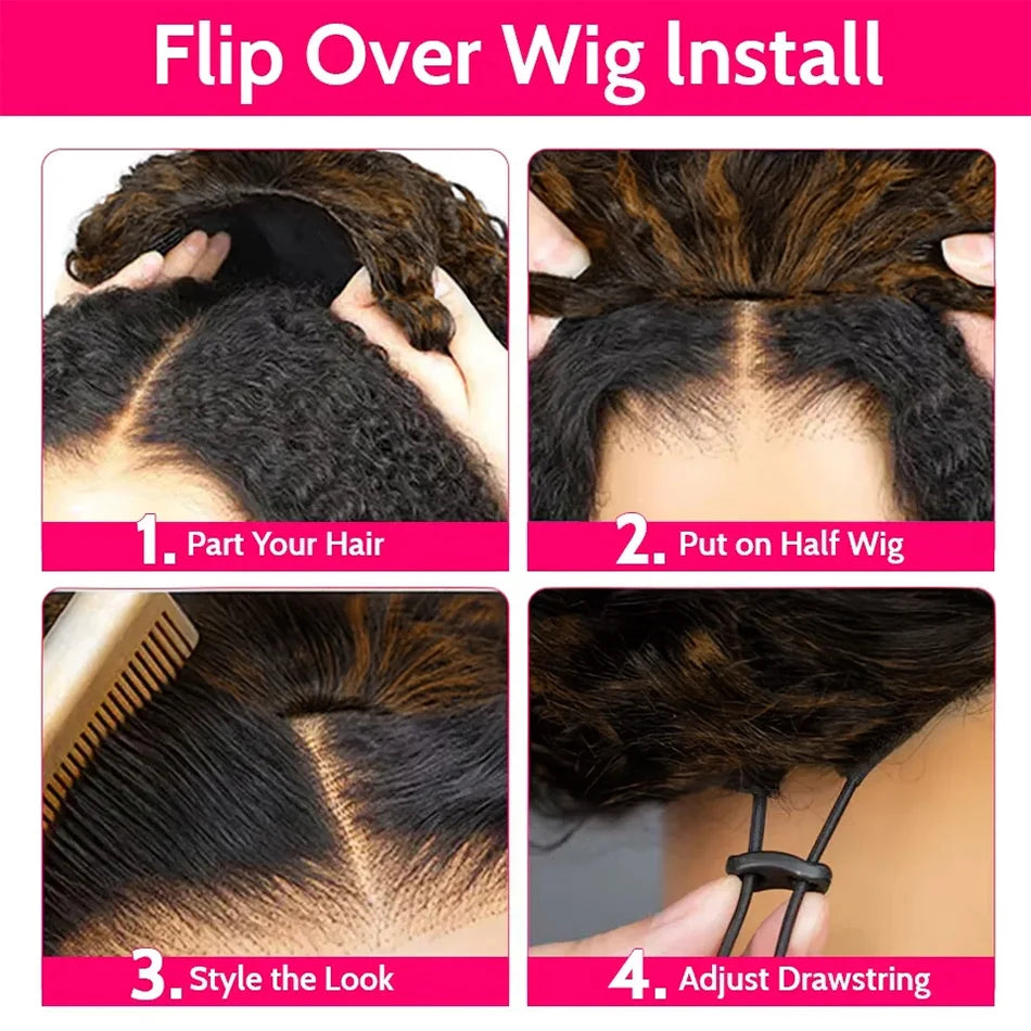1B/30 Highlight Half Wig Human Hair Deep Wave 3 In 1 Half Wigs With Drawstring Burmese Water Curly Invisible Half Wig Human Hair