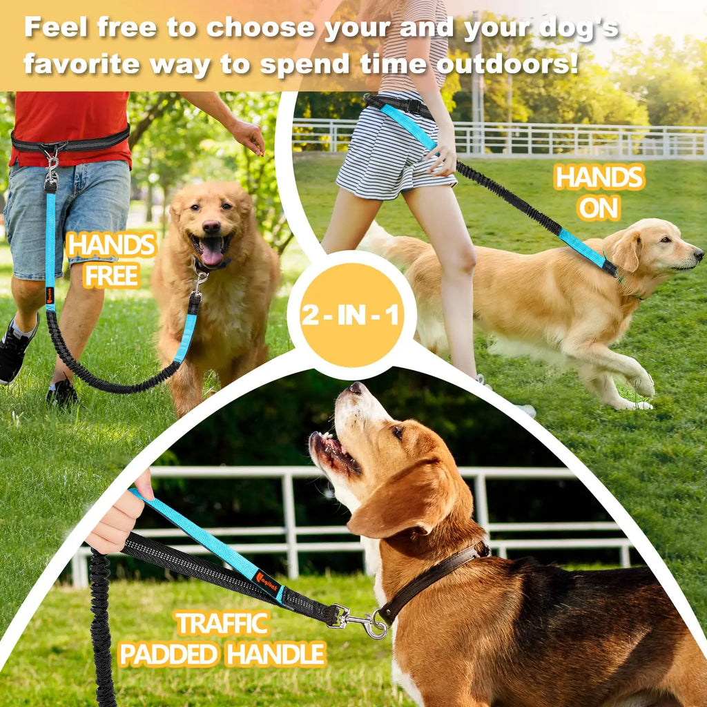 Adjustable Waist Dog Leash 2 in 1 Hands Free Bungee Handle with Reflective Stitches for Walking Hiking Running