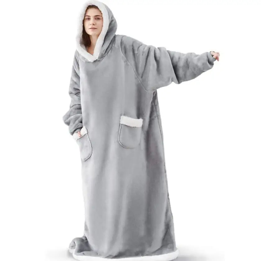 180cm Super Long Flannel Blanket Pyjamas with Sleeves Winter Hoodies Sweatshirt Women Men Pullover Fleece Giant Oversized Outdoo