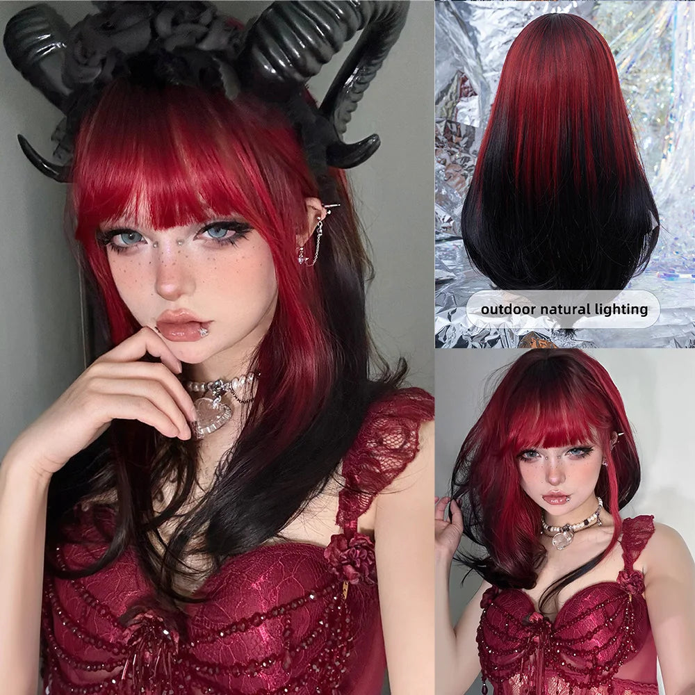 20Inch Sexy Black Red Ombre Synthetic Wigs With Bangs Medium Natural Straight Hair for Women Daily Use Cosplay Heat Resistant