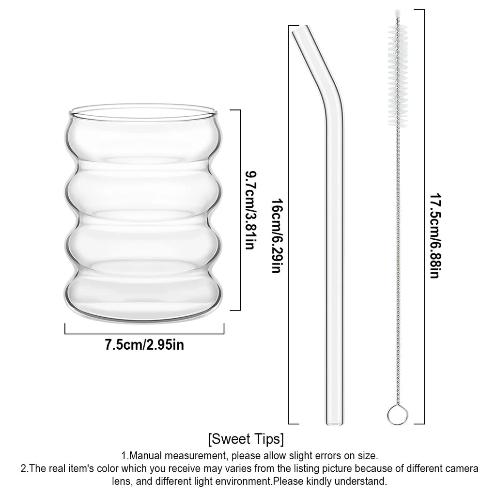 Leeseph 2pcs Creative Glass Cups with Lids and Straws Brush, Cute Cup Wave Shape Beverage Glasses for Juice Coffee Tea Ice Drink
