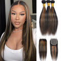 Highlight Human Hair Bundles with 4x4 Closure 12A Straight Bundles Human Hair Weft With Closure 100% Burmese Remy Hair Extension