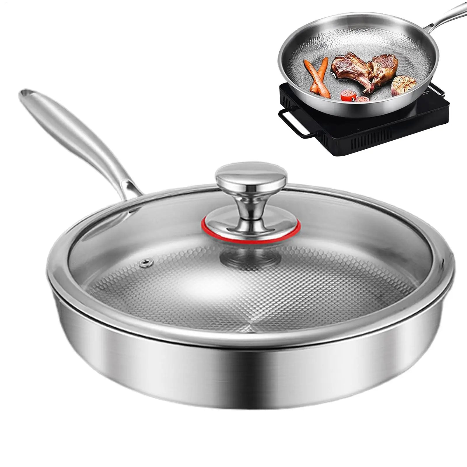 Titanium Frying Pan with Glass Lid Non-stick Even-Heating Skillet Uncoated Stainless Steel Woks Pan Kitchen Cookware 26/28/30cm