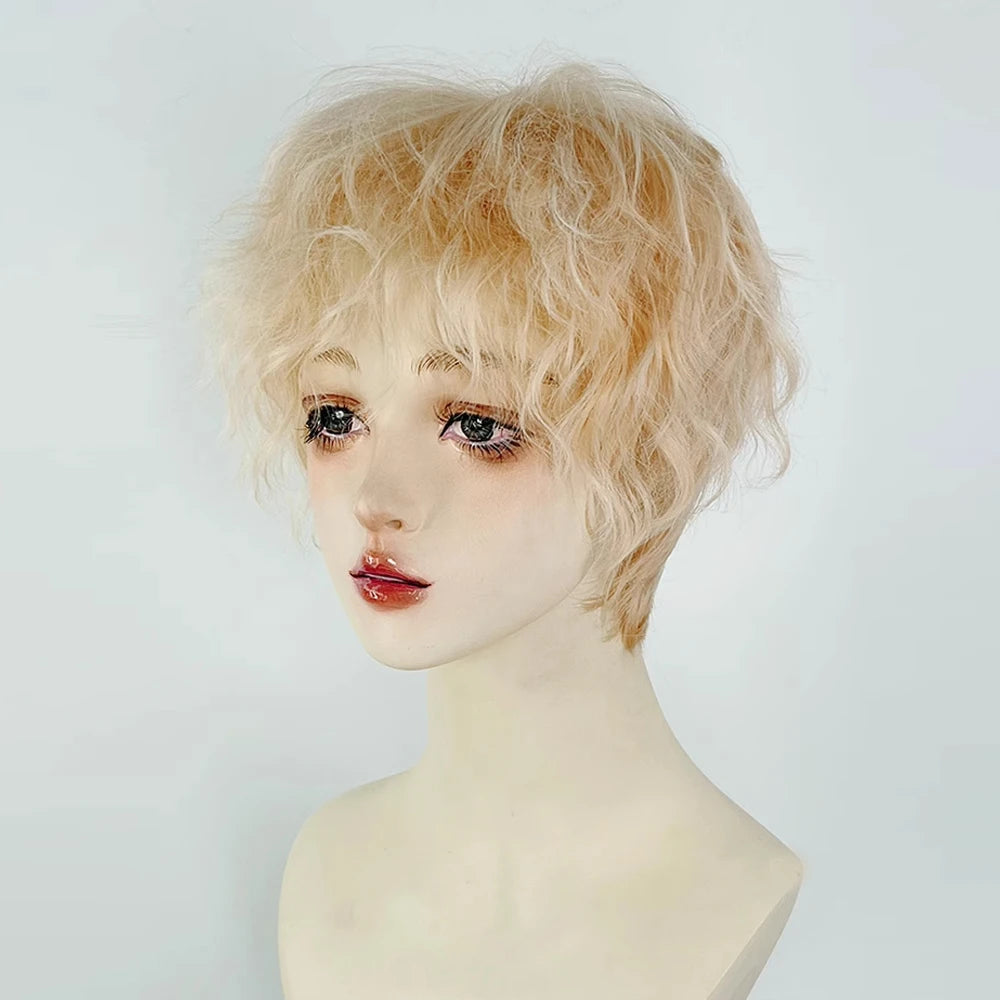 Men Short Wavy Curly Synthetic Blonde Wig with Bangs Fluffy Cosplay Hair Heat Resistant Wig for Daily Party