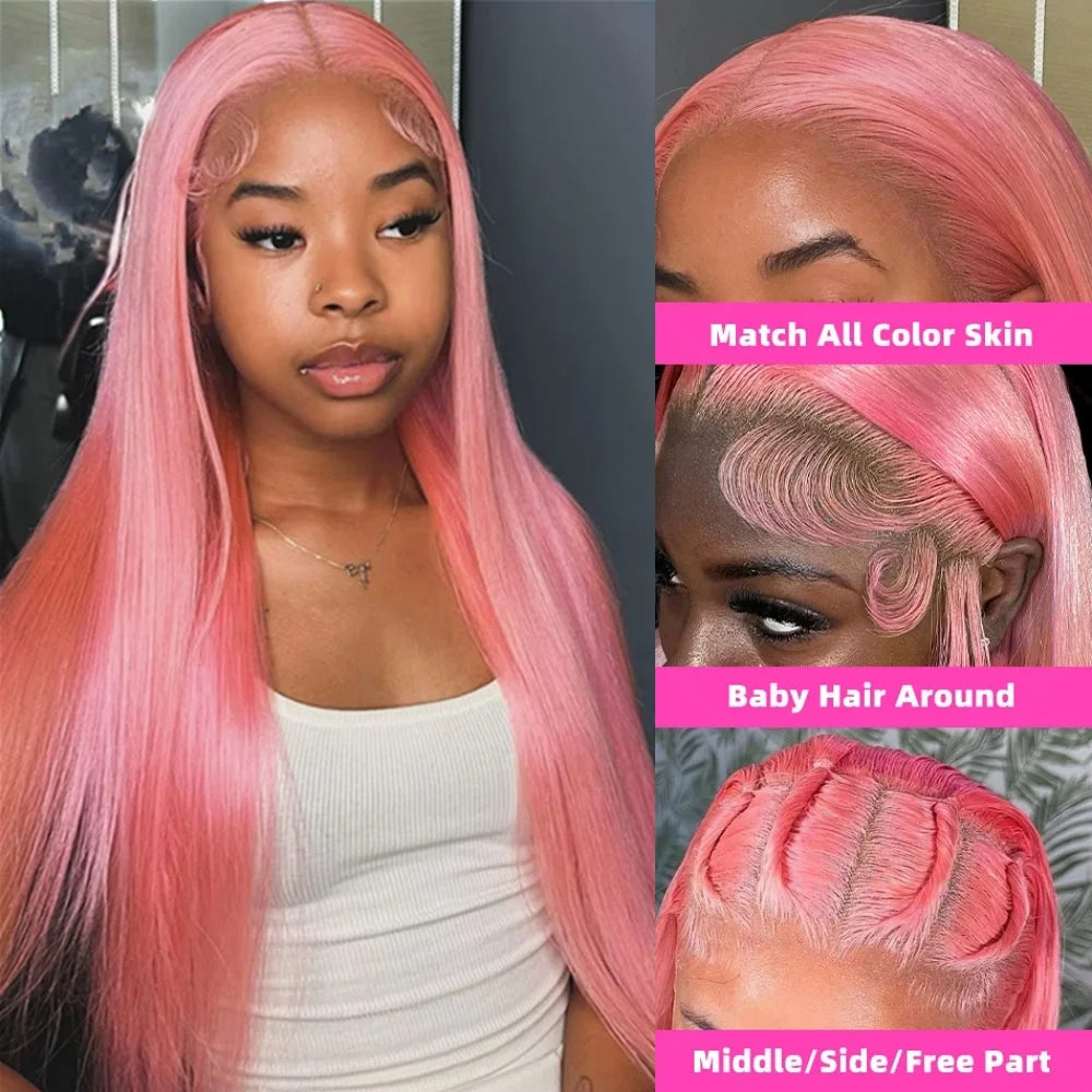 180% Density Straight Human Hair Wigs Pink Straight HD Lace Frontal Wig 13x6 Pre Plucked Hairline Brazilian Human Hair 36 Inch