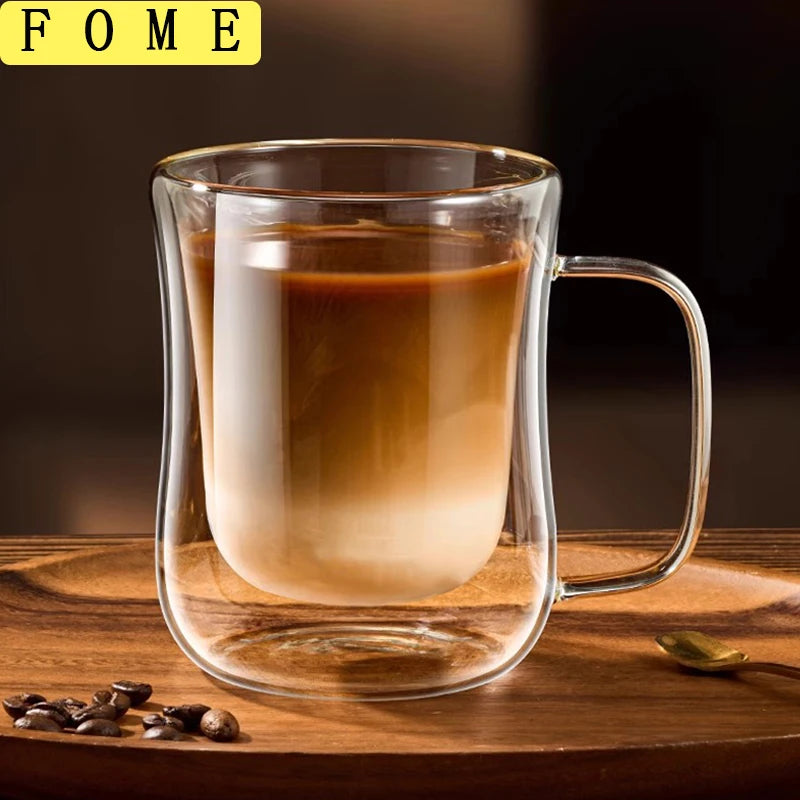FOME 1/2/4pcs Double Wall Glass Coffee Cups Clear Espresso Mug With Handle For Hot Cold Beverage Milk Juice Teacup Drinkware Set