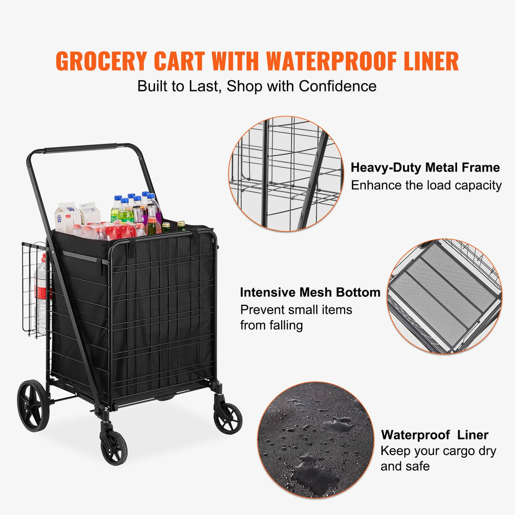 SucceBuy Folding Shopping Cart w/ Removable Waterproof Liner 106/330LBS Large Capacity 360° Swivel Wheels Dense Metal Mesh Base