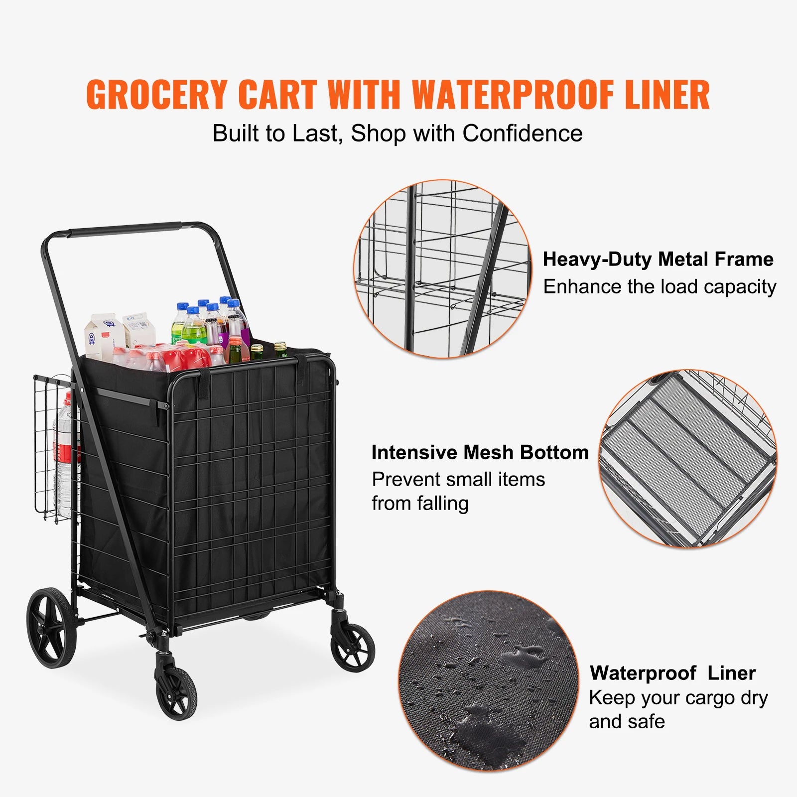 SucceBuy Folding Shopping Cart w/ Removable Waterproof Liner 106/330LBS Large Capacity 360° Swivel Wheels Dense Metal Mesh Base