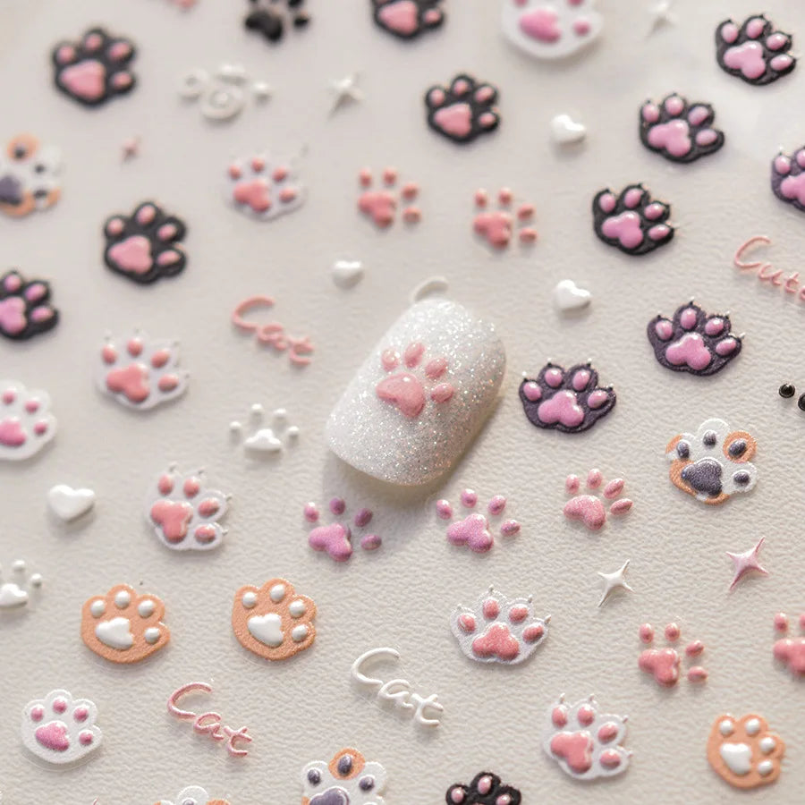 1pc 5D Cute Jelly Pink Cat Paw Print Nail Sticker Lovely Kitty Puppy Dog Cartoon Embossed Relief Nail Art Sticker Manicure Decal
