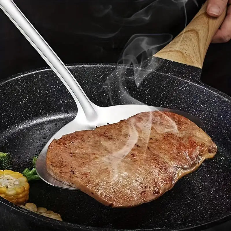 1PC Large Stainless Steel Fish Frying Spatula Egg Pan Scoop Nonstick Long Handle Steak Slotted Flat Shovel Kitchen Cooking Tool