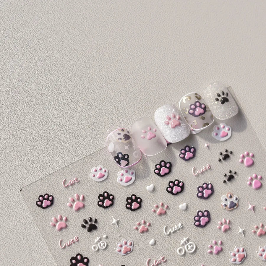 1pc 5D Cute Jelly Pink Cat Paw Print Nail Sticker Lovely Kitty Puppy Dog Cartoon Embossed Relief Nail Art Sticker Manicure Decal