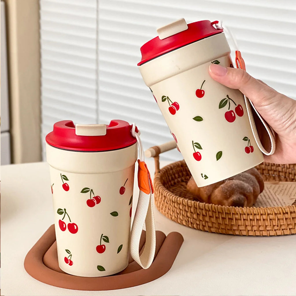 350/400ml Tumbler Plastic Water Cup With Rope Cherry Pattern Milk Coffee Mug Reusable Water Bottle For Student School Travel