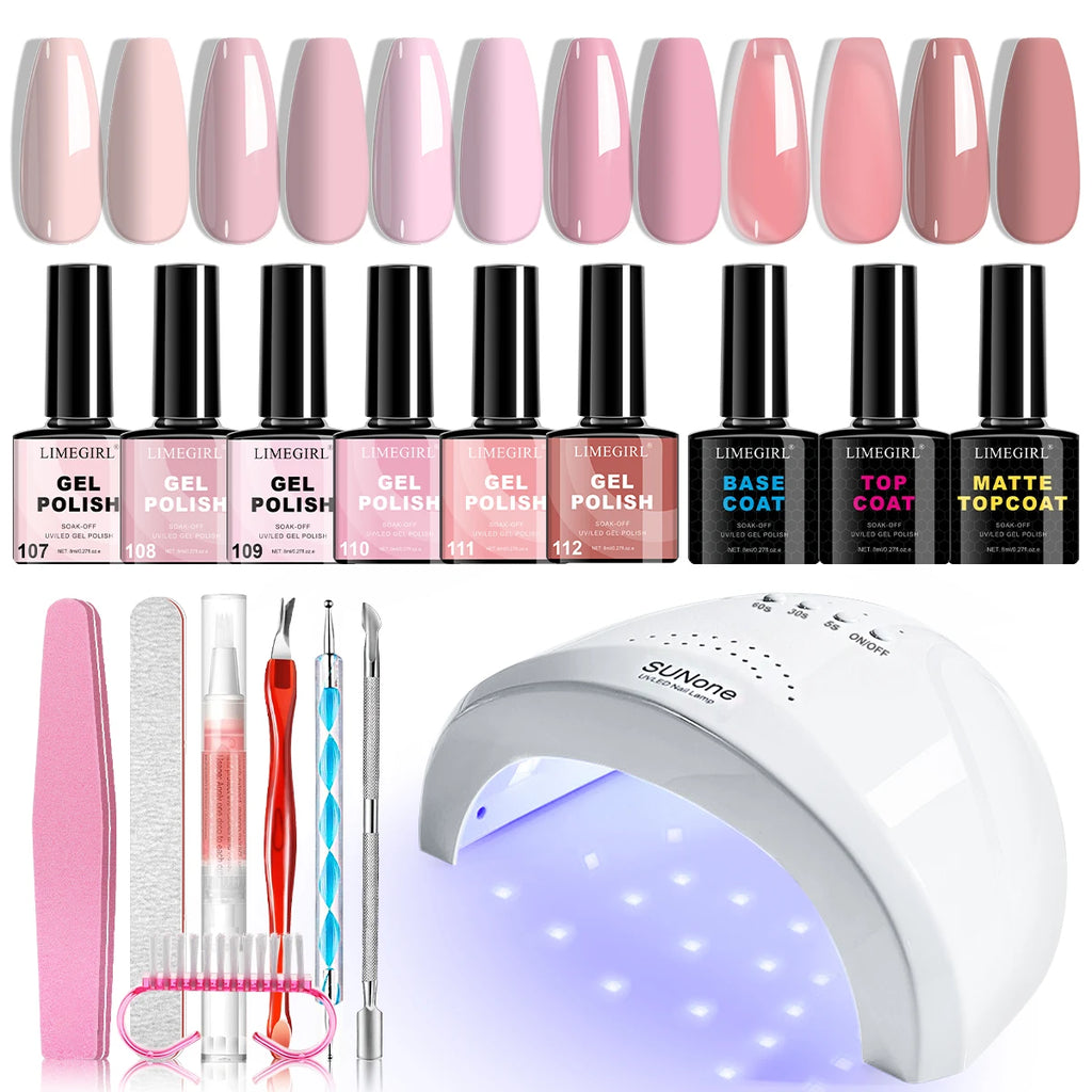 Gel Nail Polish Set for Beginner 6 PCS 8ML Glitter Art Gel Varnish with Base Coat Top Coat and UV Lamp for Manicure Salon Tools