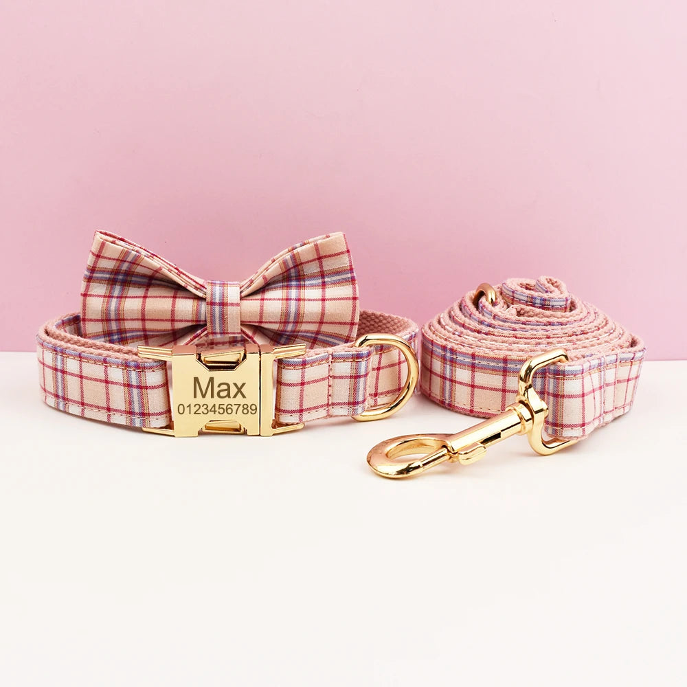 Plaid Dog Collar And Leash Set For Dogs Custom Engraved Nameplate Pet Supplies Dog Leash Grid