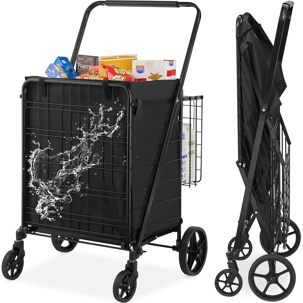 SucceBuy Folding Shopping Cart w/ Removable Waterproof Liner 106/330LBS Large Capacity 360° Swivel Wheels Dense Metal Mesh Base
