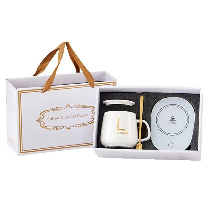1 Set With Stainless Steel Spoon Gift Kit For Travel Office Gift 55℃ Thermal Ceramic Mug Portable USB Rechargeable Heating Cup
