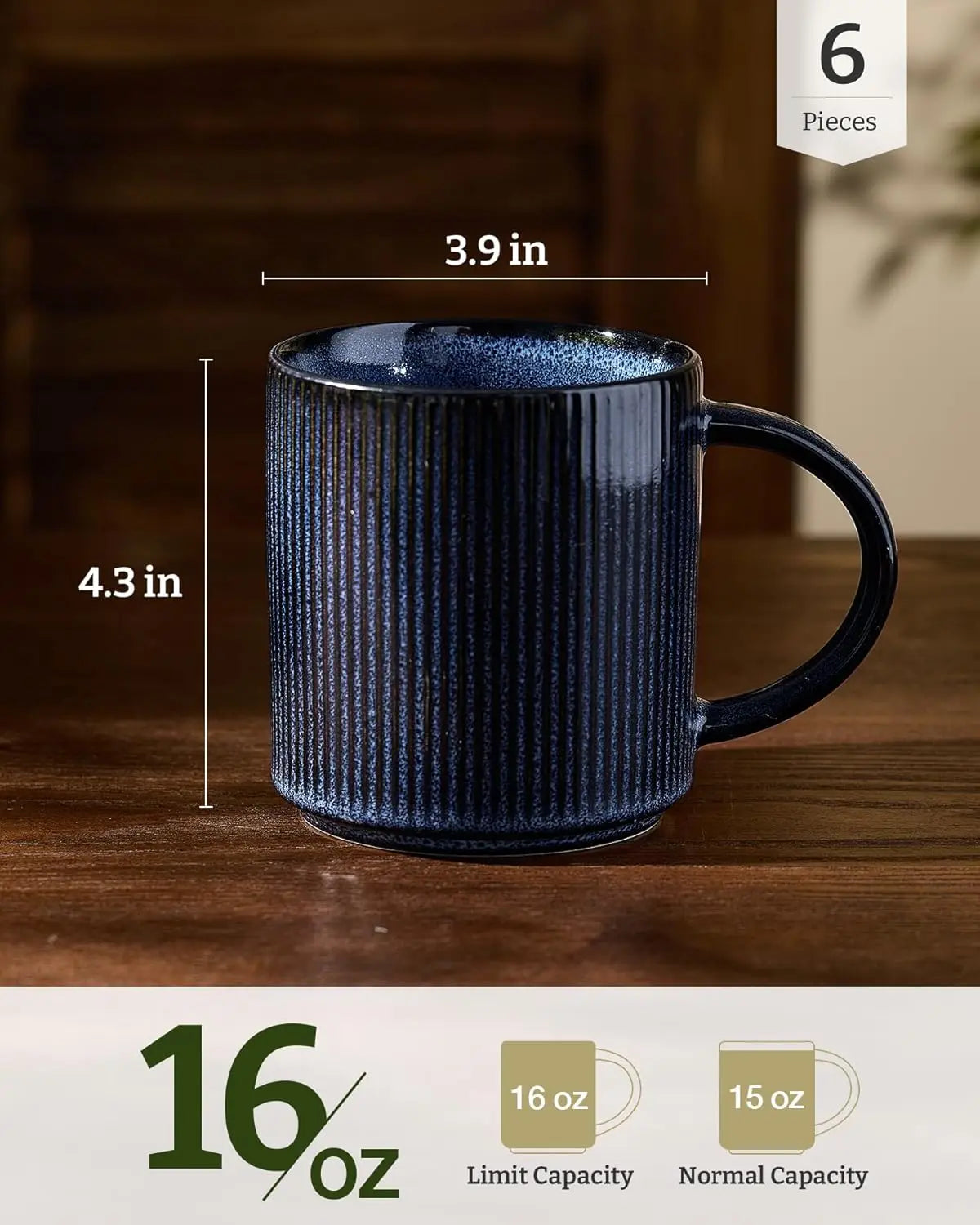 Coffee Mug Set for 6, Star 16 oz Catering Mugs Cup Set with Handle for Coffee, Tea, Cocoa, Milk - Ceramic Stoneware Drinkware Se