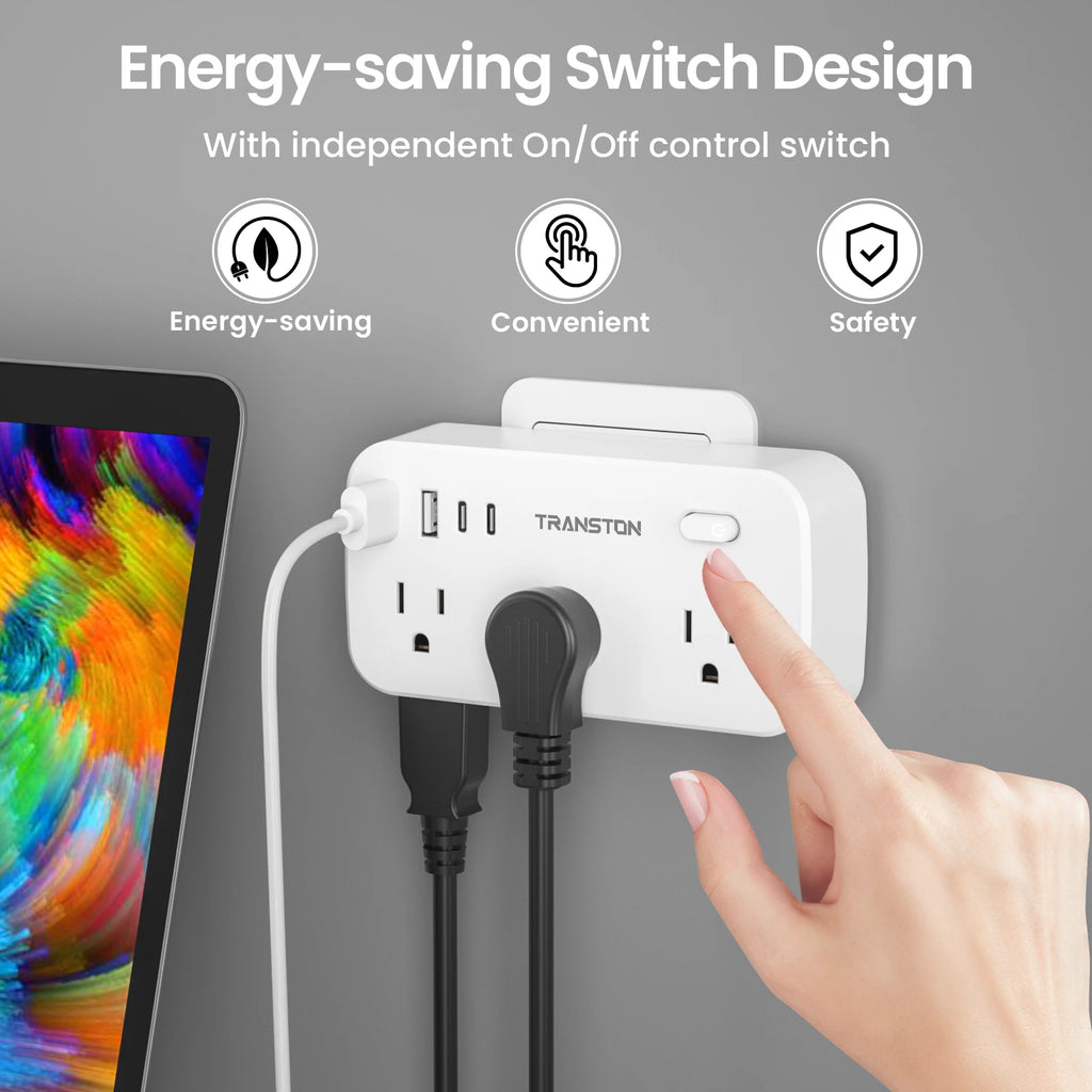 white，power strip surge protector with 6 AC Outlets,2 USB & 2 USB-C Fast Charging Ports,10 in 1,45°tilt plug,Advanced Protection