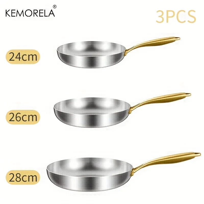 3PCS 316 Stainless Steel Gold Handle Frying Pan 2MM Thick Wok Pan 5 Ply Steel Food Grade Safety Non-Stick Pans Multiple Sizes