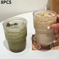 450MLTransparent Glass Coffee Mug with Lid and Straw, Stylish Vertical Stripes Design, Perfect for Iced Americano Latte Milk Tea