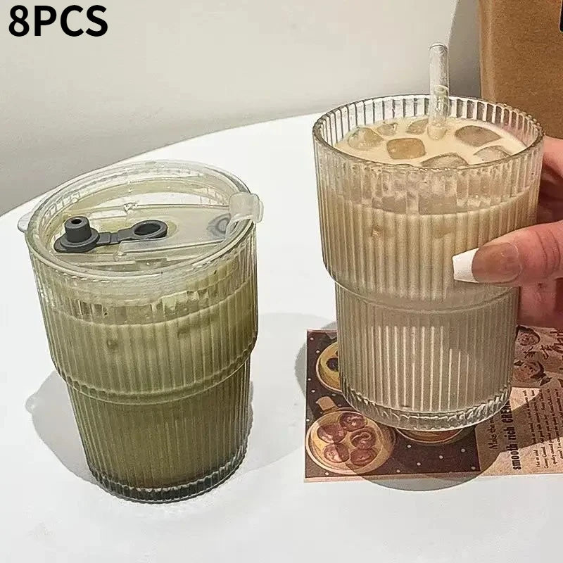450MLTransparent Glass Coffee Mug with Lid and Straw, Stylish Vertical Stripes Design, Perfect for Iced Americano Latte Milk Tea